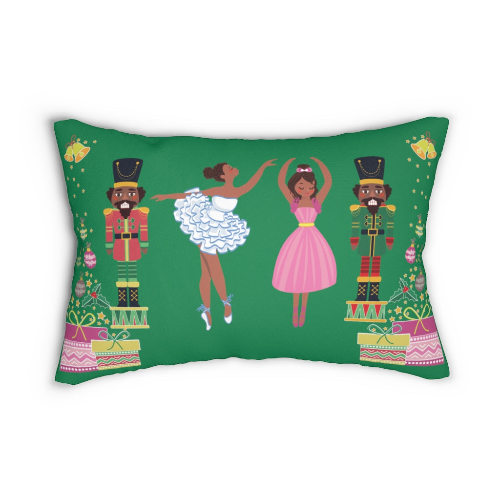 Chocolate Nutcracker and Ballerina Spun Polyester Lumbar Pillow Green