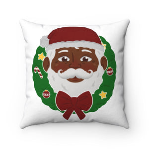 Black Santa and Wreath Spun Polyester Square Pillow