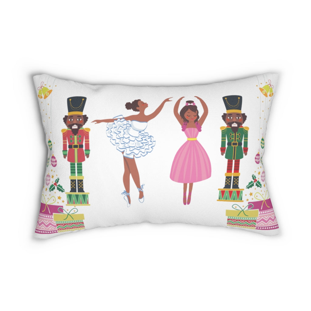 Chocolate Nutcracker and Chocolate Ballerinas Spun Polyester Lumbar Pillow_White