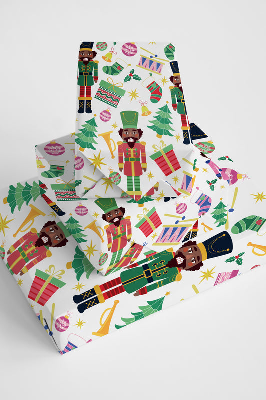 Whimsical nutcracker pattern gift wrap in chocolate brown for winter holiday presents and party favors.