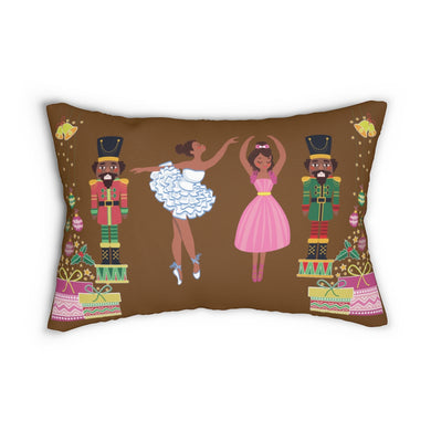 Chocolate Nutcracker and Chocolate Ballerinas Spun Polyester Lumbar Pillow Brown