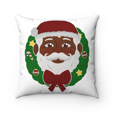 Black Santa and Wreath Spun Polyester Square Pillow