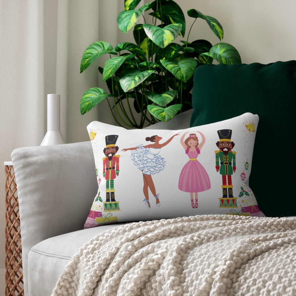 Chocolate Nutcracker and Ballerina Spun Polyester Lumbar Pillow_White