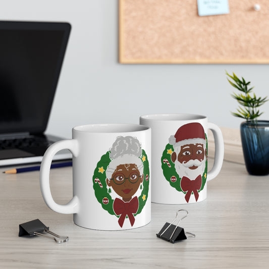 Black Santa & Mrs. Claus and Wreath Mug