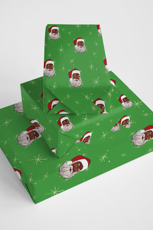 Premium holiday gift wrap with a green background and celebratory Black Santa pattern, perfect for festive presents.