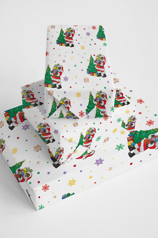 A roll of premium holiday wrapping paper with a celestial design of Black Santa on a deep blue starlit night background.