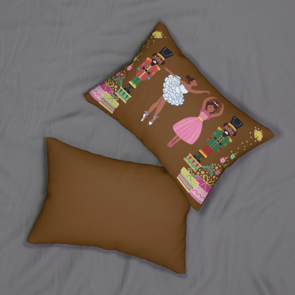 Chocolate Nutcracker and Chocolate Ballerinas Spun Polyester Lumbar Pillow Brown