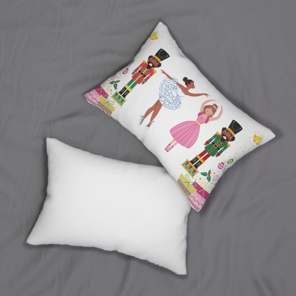 Chocolate Nutcracker and Ballerina Spun Polyester Lumbar Pillow_White