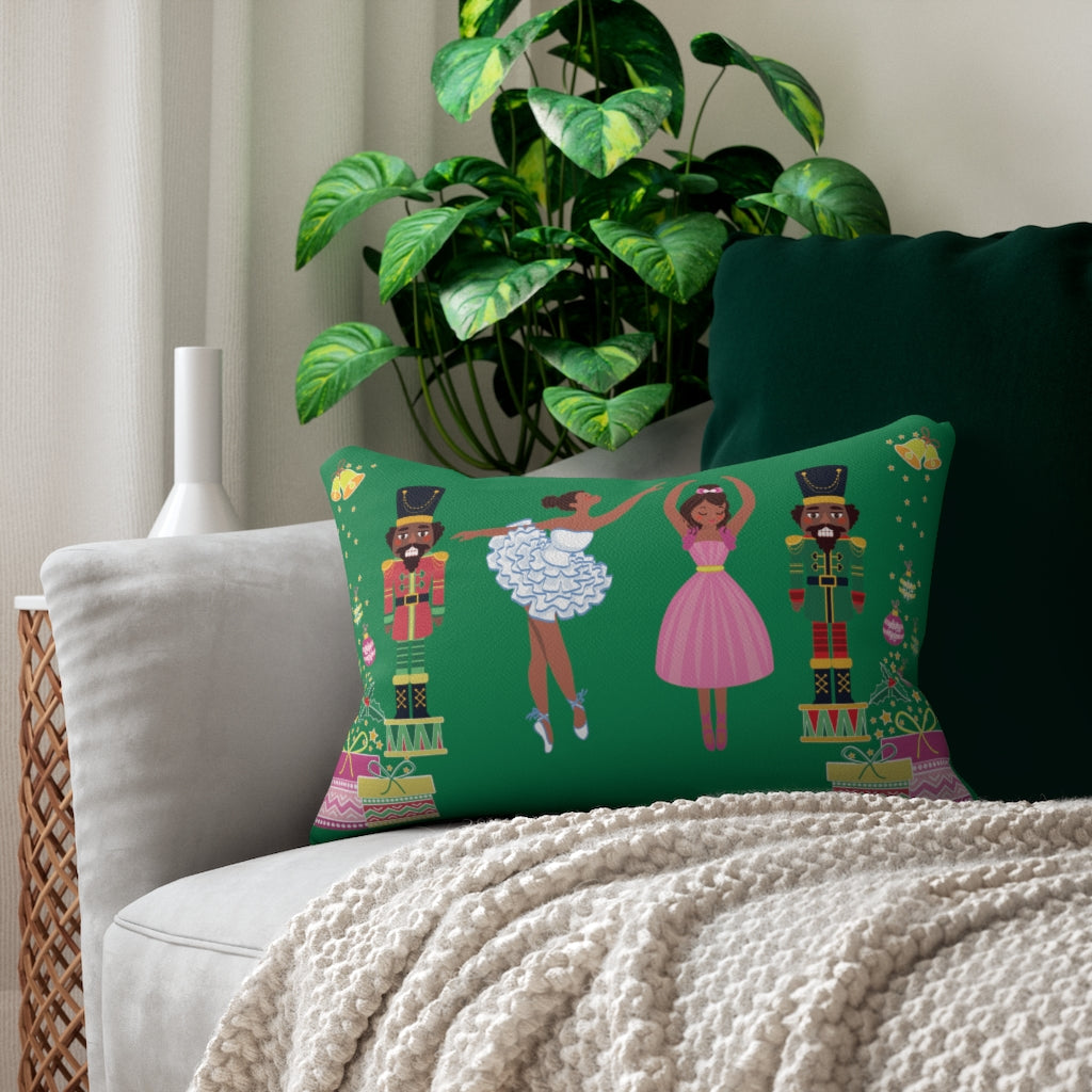 Chocolate Nutcracker and Ballerina Spun Polyester Lumbar Pillow Green