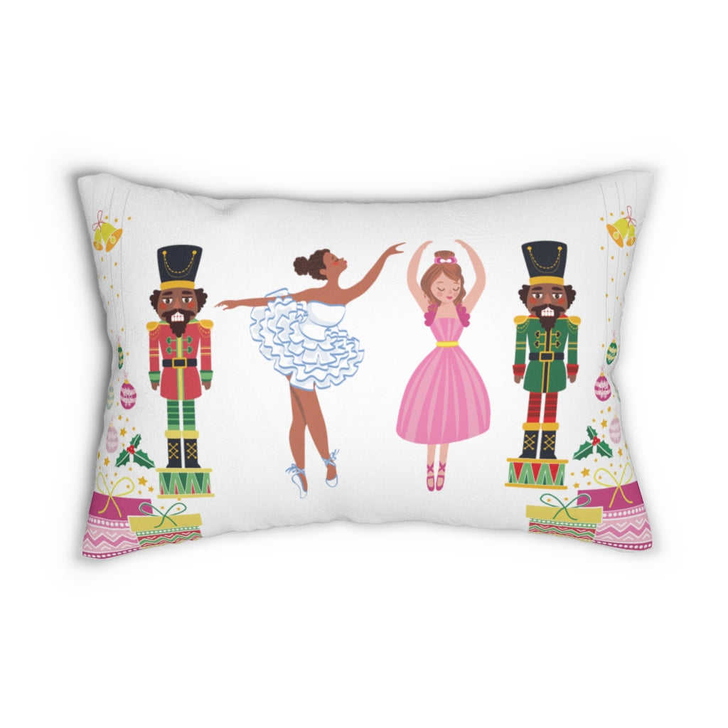 Chocolate Nutcracker and Ballerina Spun Polyester Lumbar Pillow_White