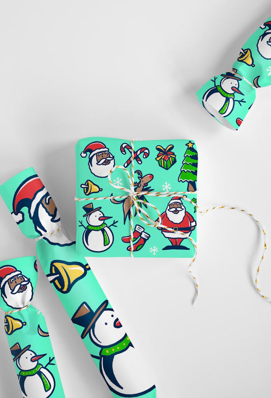 Black Santa and Snowman Doodle Christmas Wrapping Paper